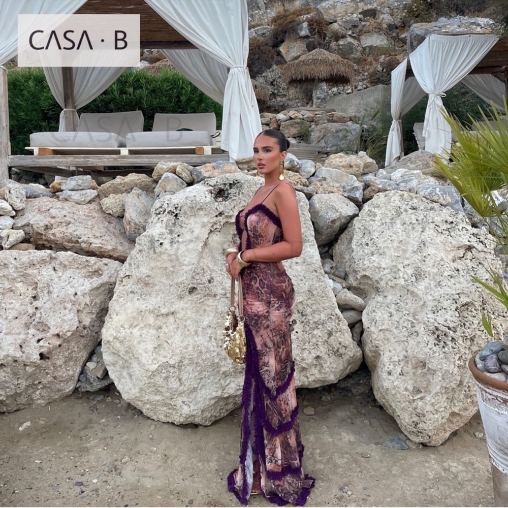 NEW to CASA B💫Seraphina Sheer Cut-Out Frill Leopard Script Print Maxi dress - Picture 2 of 16